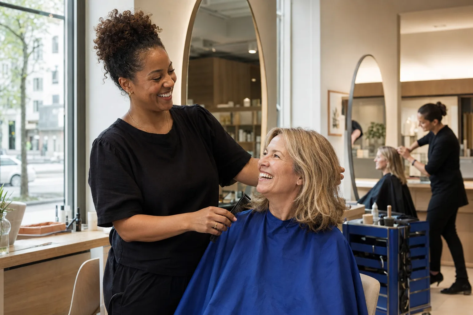Smilende frisør og kunde i en moderne salong i Oslo.